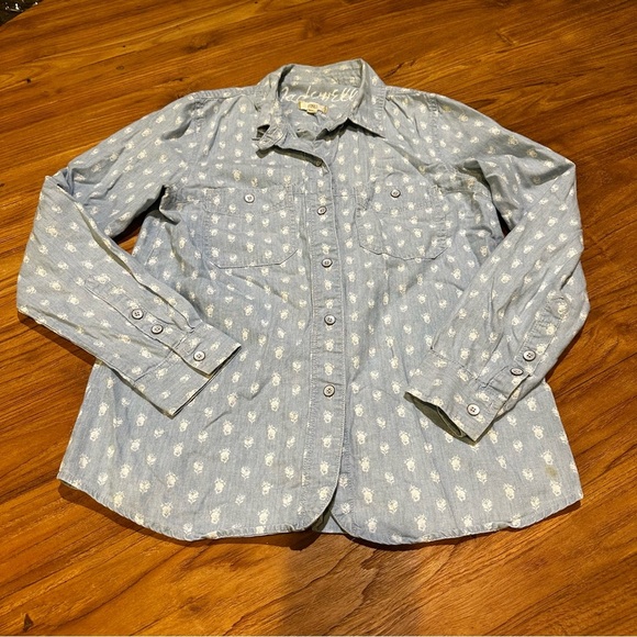 Madewell Women’s Cotton Chambray Denim Jean Light Wash Floral Button Down Shirt - Picture 1 of 8